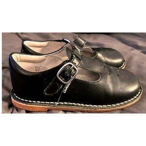 L'Amour Girls Black Leather T-Strap Mary‎ Jane Shoes Floral Perforated Size 13